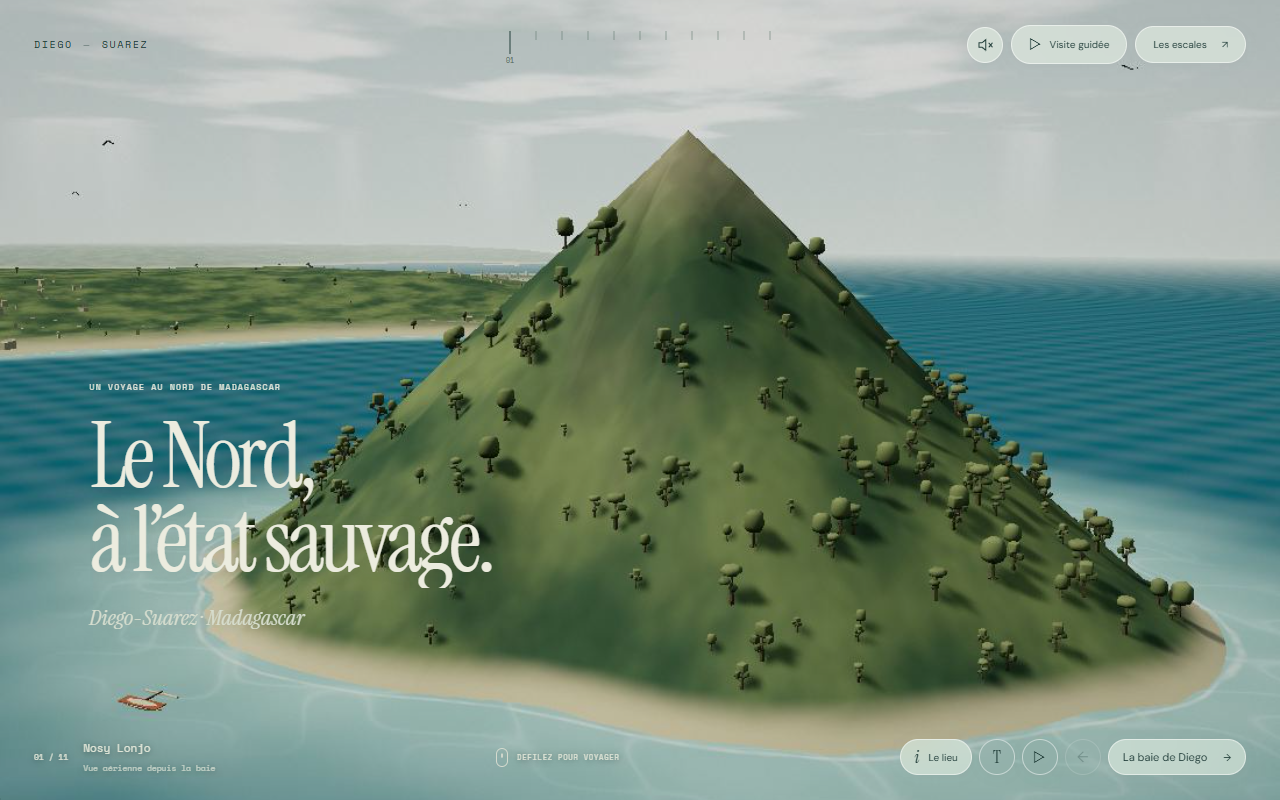 Capture de la visite 3D de Diego-Suarez, montrant Nosy Lonjo et les commandes de navigation